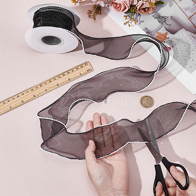5 Yards Organza Plastic Ribbon with Plastic Pearl Edged OCOR-WH0101-185B-1
