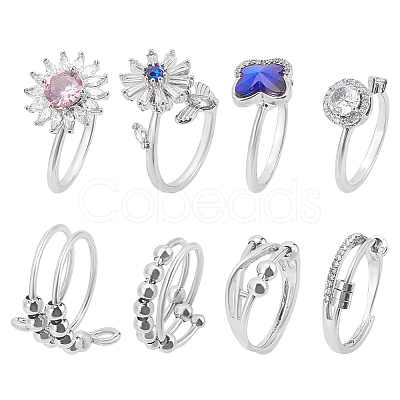 8Pcs 8 Style Flower & Butterfly & Diamond Rhinestone Rotating Open Cuff Rings Set with Glass RJEW-AN0001-12-1