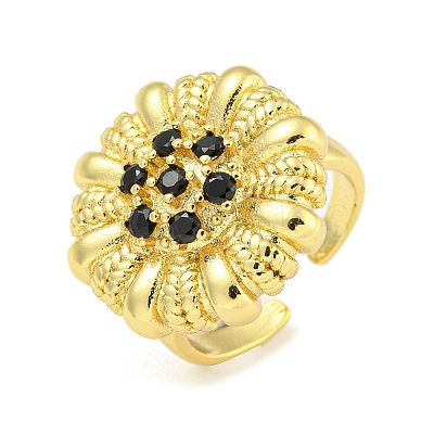 Rack Plated Brass Micro Pave Cubic Zirconia Flower Open Cuff Rings for Women RJEW-Z042-02G-01-1