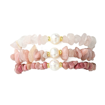 3Pcs 3 Styles Natural & Synthetic Mixed Gemstone Chip & Natural Cultured Freshwater Pearl Beaded Stretch Bracelets Set for Women BJEW-JB13762-1