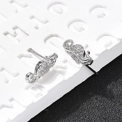 Sea Horse Brass Micro Pave Cubic Zirconia Ear Studs EJEW-D304-38P-1
