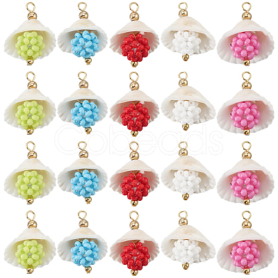 20Pcs 5 Colors Clam Shell & Glass Seed Beaded Pendants FIND-BBC0004-23-1