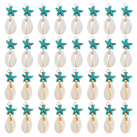 40Pcs 2 Colors Natural Cowrie Shell & Synthetic Turquoise Starfish Pendants PALLOY-HY00105-1