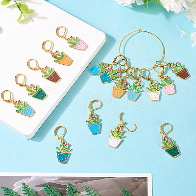 16Pcs 8 Colors Potted Plants Alloy Enamel Locking Stitch Marker HJEW-TAC0093-1