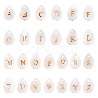 26Pcs 26 Styles Natural Shell Teardrop Charms with Golden Tone Metal Letter Slices SHEL-TAC0004-02-1