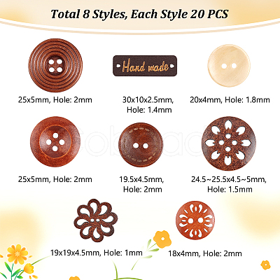 AHADERMAKER 160pcs 8 style Natural Wooden Buttons BUTT-GA0001-06-1