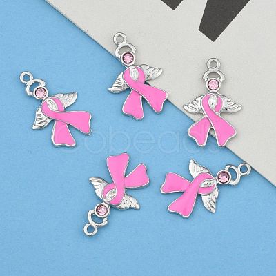 Breast Cancer Awareness Ribbon with Angel Wing Platinum Color Pearl Pink Alloy Rhinestone Enamel Pendants X-ENAM-D001-2-1