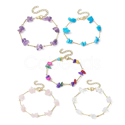 Natural & Synthetic Mixed Gemstone Chips Beaded Link Chain Bracelet BJEW-JB09972-1
