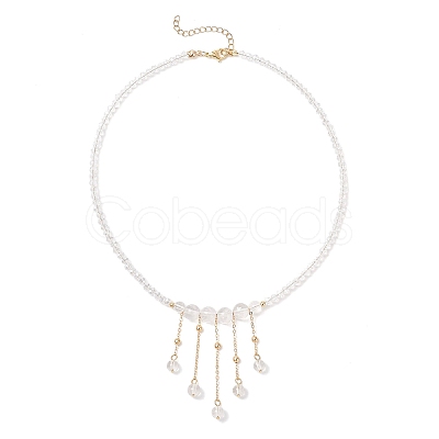 Round Natural Quartz Crystal & Glass Graduated Beaded Tassel Necklaces with Brass Cable Chains for Women NJEW-TA00236-1