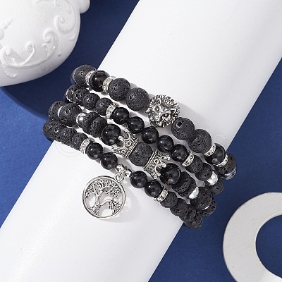 4Pcs 4 Style Natural Black Onyx & Lava Rock Beaded Stretch Bracelets Set BJEW-JB09672-1