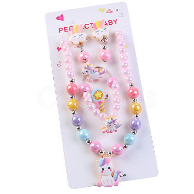 Cute Unicorn Alloy Plastic Children's Beaded Necklace & Bracelet & Cuff Ring & Clip-on Earring Jewelry Sets for Girl's FS-WGF4311-04-1