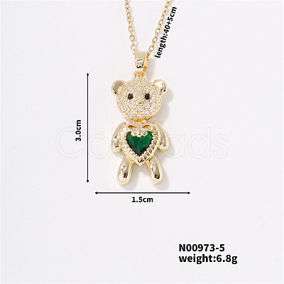 Fashionable Brass Pave Emerald Rhinestone Cable Chain Heart Bear Pendant Necklaces for Women XK4018-5-1