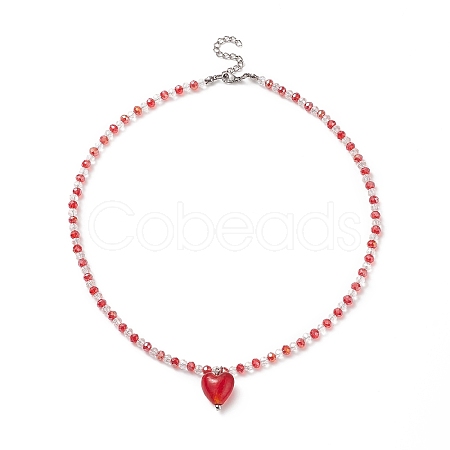 Glass Heart Pendant Necklace with Beaded Chains for Women NJEW-TA00060-1