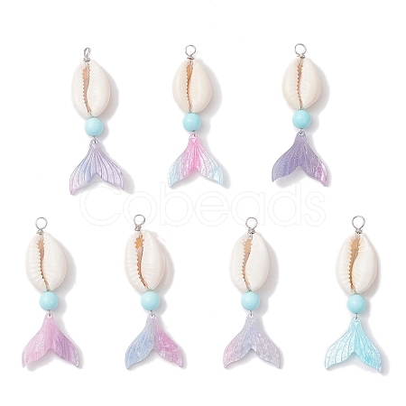 Dyed Natural Howlite Round & Natural Cowrie Shell & Cellulose Acetate(Resin) Mermaid Tail Big Pendants PALLOY-JF04122-1