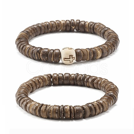 Flat Round Coconut Beads Stretch Bracelets Set BJEW-JB07010-1