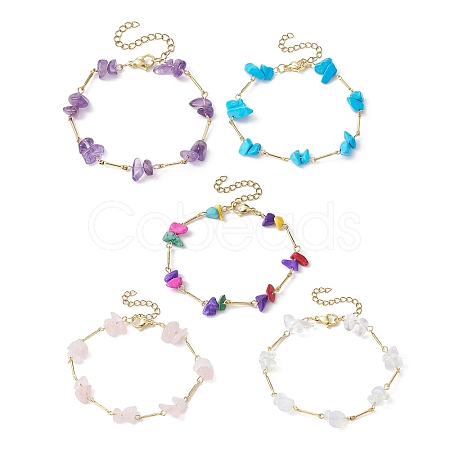 Natural & Synthetic Mixed Gemstone Chips Beaded Link Chain Bracelet BJEW-JB09972-1