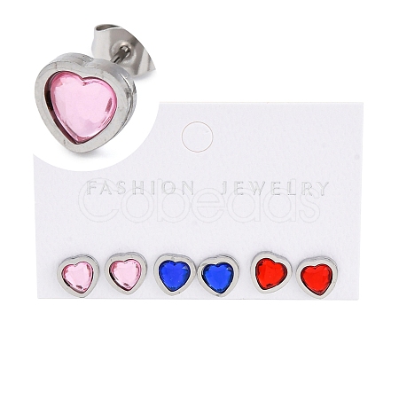 3 Pairs 3 Colors 304 Stainless Steel Heart Stud Earrings for Women EJEW-K279-07P-02-1