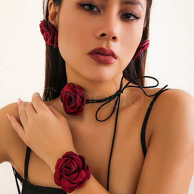 Rose Faux Suede with Satin Fabric Pendant Choker Necklace & Stud Earring & Bracelet FS-WG3A334-01-1