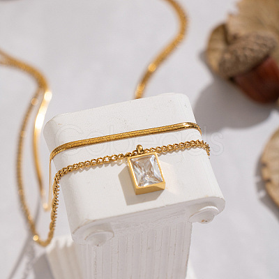 European Style Stainless Steel Pave Clear Cubic Zirconia Rectangle Pendant Snake Chain Double Layered Necklaces for Women ND1910-1