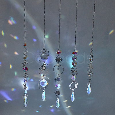 5Pcs 5 Style Clear AB Glass Pendant Decorations HJEW-GA0001-42-1