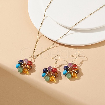 Natural & Synthetic Mixed Gemstones Flower Dangle Earrings and Pendant Necklace SJEW-JS01259-1