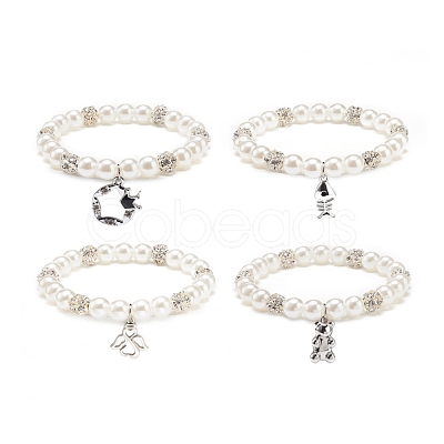 ABS Plastic Imitation Pearl & Rhinestone Beaded Stretch Bracelet with Alloy Charm for Women BJEW-JB08526-1