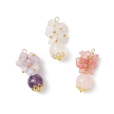 3Pcs 3 Styles Cherry Quartz Glass & Natural Amethyst & Rose Quartz & Selenite & Quartz Crystal Chip Round Pendants PALLOY-JF04288-1