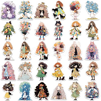 50Pcs Cute Girl PVC Waterproof Self-Adhesive Stickers PW-WG30563-01-1