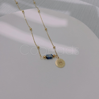 Natural Blue Spot Jasper & Stainless Steel Flat Round with Eye Pendant Ball Chain Necklaces for Women YH4149-3-1