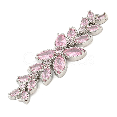 Brass Pave Pink Cubic Zirconia Flower with Leaf Links Connector Charms KK-P277-52P-02-1