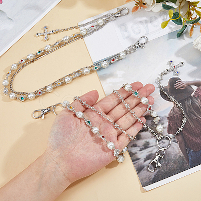 2Pcs 2 Styles Acrylic Colorful Rhinestone & Round Plastic Pearl Link Chain Double Layer Alloy Cross Charm Jean Chains AJEW-HS0001-26P-1