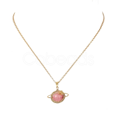 Dyed Natural Green Jade Copper Wire Wrapped Planet Pendant Brass Cable Chain Necklaces for Women NJEW-TA00260-01-1