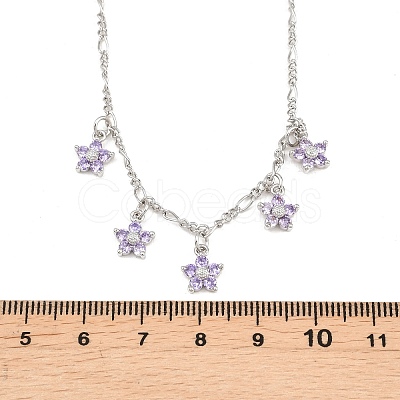 Brass Pave Lilac Cubic Zirconia Flower Pendant Figaro Chain Bib Necklaces for Women NJEW-F364-01P-1