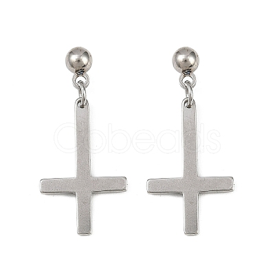 Christian Upside Down Cross 201 Stainless Steel Dangle Stud Earrings LS-EJEW-P314-01A-P-1