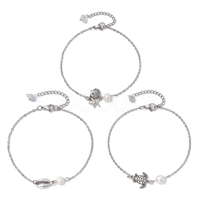 3Pcs 3 Style Turtle & Shell & Starfish Alloy Link Anklets Set with 304 Stainless Steel Cable Chains AJEW-AN00550-1