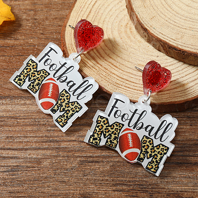 1Pair Leopard Print Heart Mother Sports Acrylic Dangle Stud Earrings EJEW-FS0001-22A-1