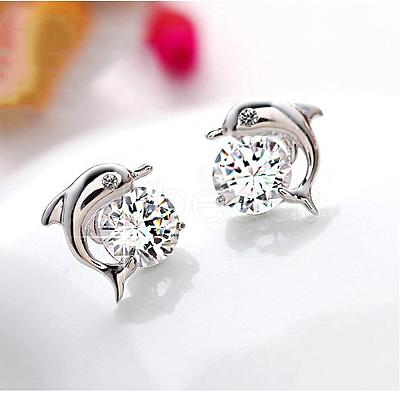 Real Platinum Plated Dolphin Brass Stud Earrings EJEW-EE0001-228-1