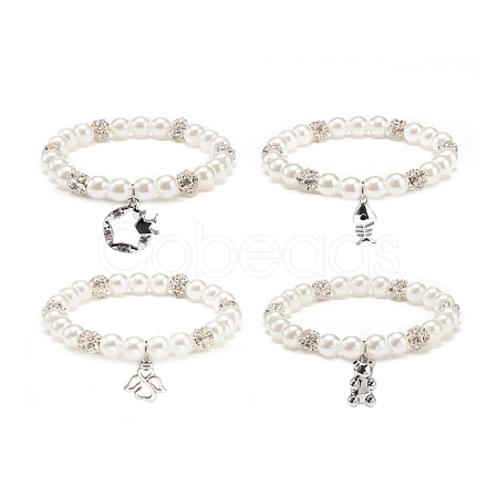 ABS Plastic Imitation Pearl  & Rhinestone Beaded Stretch Bracelet with Alloy Charm for Women BJEW-JB08526-1