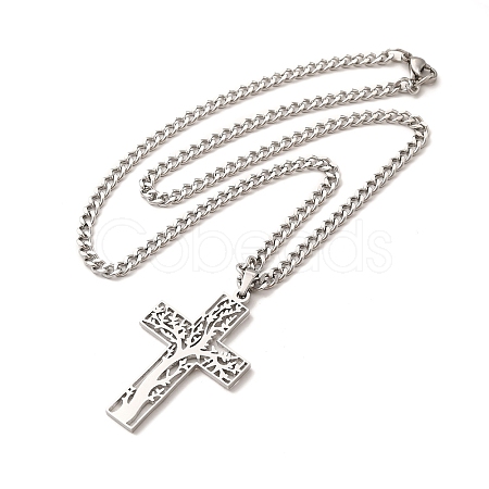 Non-Tarnish 304 Stainless Steel Cross with Tree of Life Pendant Necklaces NJEW-M197-02P-1