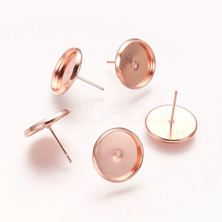 Flat Round Brass Stud Earrings Settings X-KK-E589-14mm-RG-NR-1