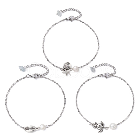3Pcs 3 Style Turtle & Shell & Starfish Alloy Link Anklets Set with 304 Stainless Steel Cable Chains AJEW-AN00550-1