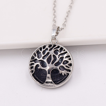 Synthetic Blue Goldstone Alloy Tree of Life Pendant Necklaces for Women Men FS-WG931AE-08-1