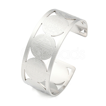 304 Stainless Steel Wide Hollow Saint Benedict Medal Open Cuff Bangles LS-BJEW-S154-01P-1