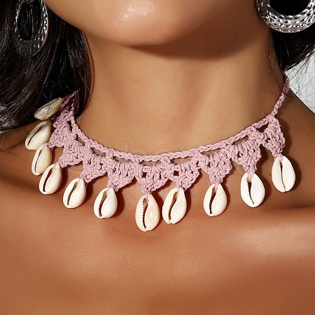 Bohemian Handmade Woven Polyester Cord Natural Cowrie Shell Tassel Choker Necklaces for Women FS-WGB5F2D-08-1
