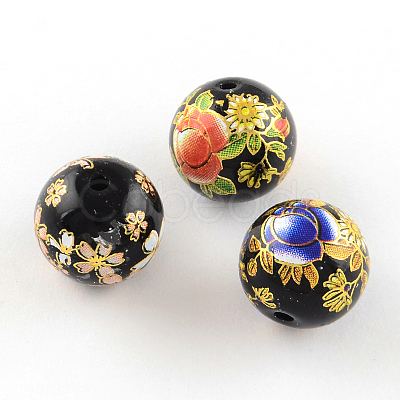 Mixed Flower Picture Printed Glass Round Beads GFB-R004-12mm-M21-1