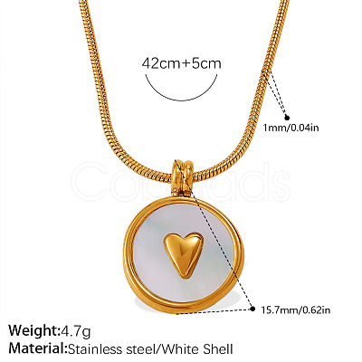 304 Stainless Steel with Natural White Shell Flat Round with Heart Pendant Necklaces for Women WG2F9FE-06-1