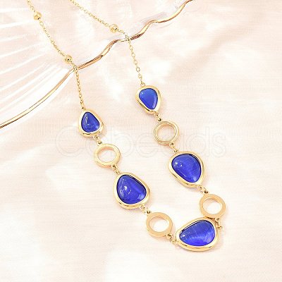 304 Stainless Steel Blue Glass Teardrop Ring Link Chian Necklaces for Women NJEW-D326-03G-1