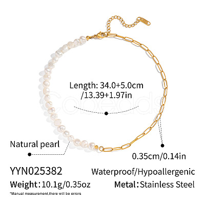Natural Freshwater Pearl Beaded and 304 Stainless Steel Paperclip Chain Necklaces for Women IH6413-1-1