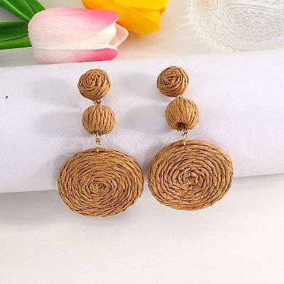 Flat Round Alloy Raffia Dangle Stud Earrings FS-WG4F3C4-02-1