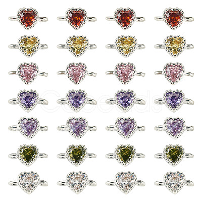 28Pcs 7 Colors Brass Pave Cubic Zirconia Heart Links Connector Charms KK-TA0003-47-1